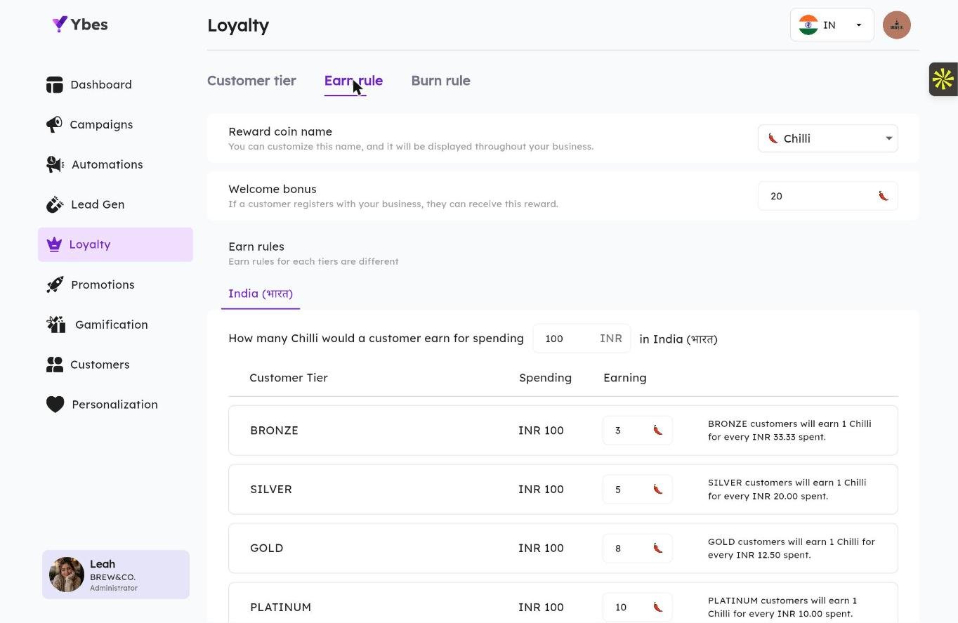 winbak Loyalty — tier-based earn rules with custom reward coins (Chilli, Beans, Stars)